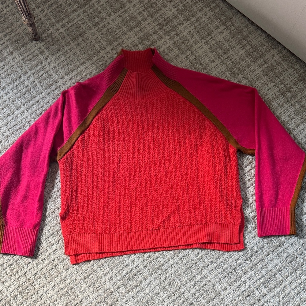 French Connection Pink & Red Colorblock Funnel Neck Sweater (sz L)